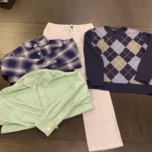 GAP kids dress up blue pants size 10 w/ sweater and dress-up shirts size M.